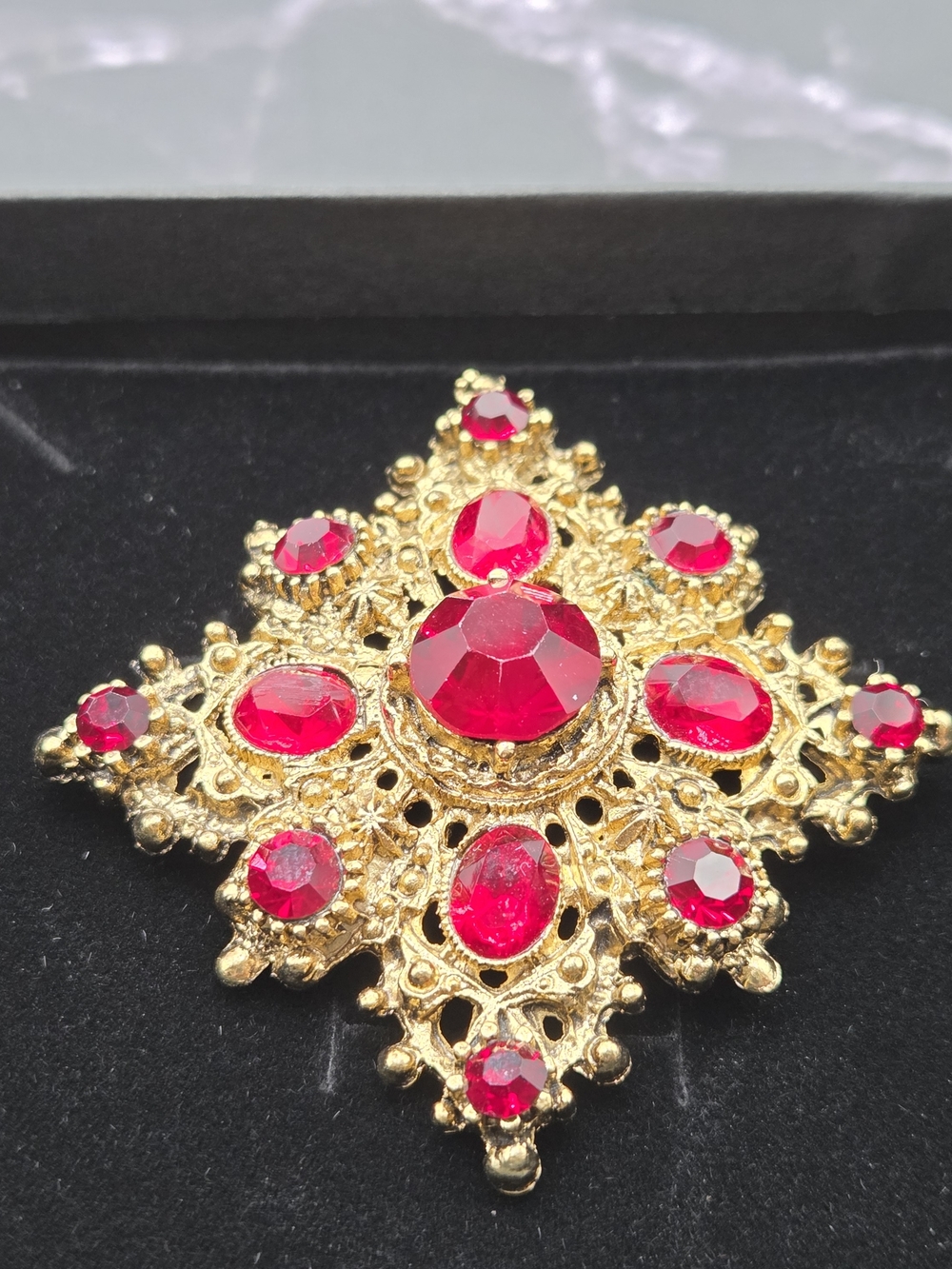 Vintage Gold Tone Red Rhinestone Filigree Brooch Pin Ornate Statement Jewelry